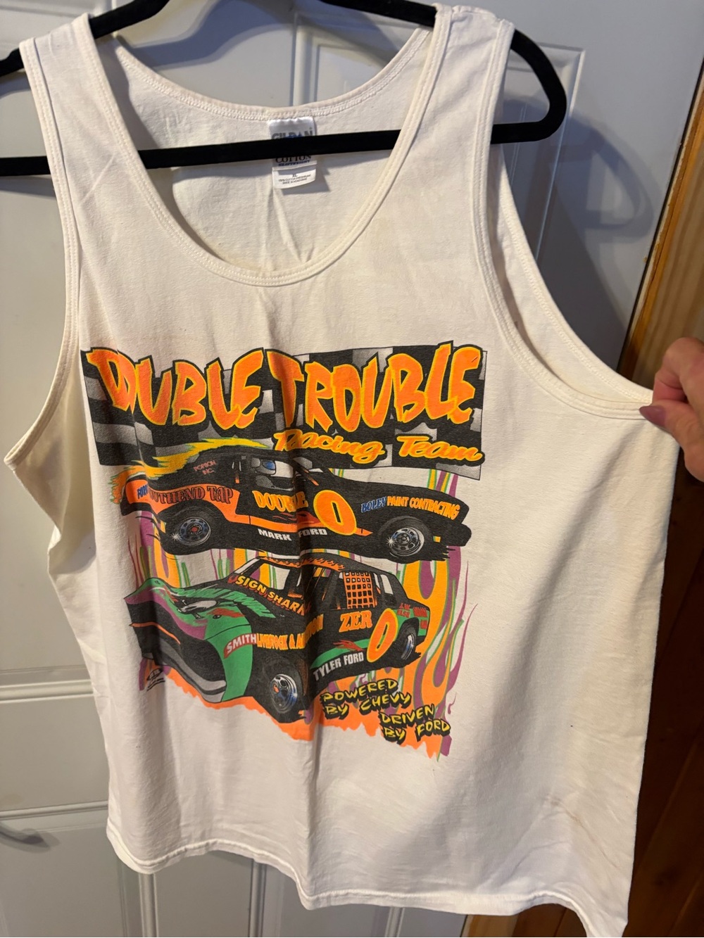 Vintage Double Trouble Racing Team Tank Top XL Gildan Heavyweight Iowa Dirt Trac